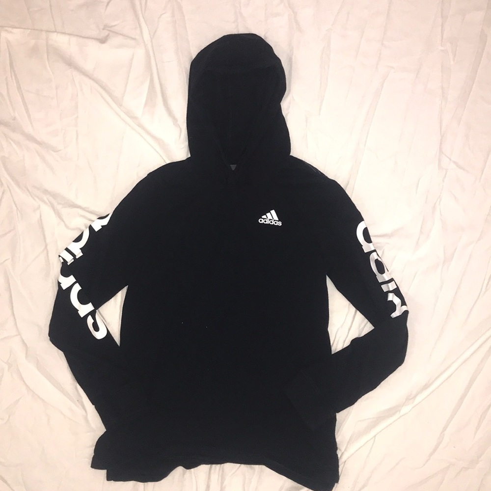 Adidas Size M 10/12 Boys Black Long Slv Hooded Tee